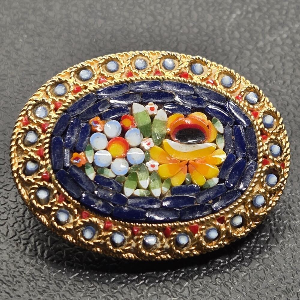 Vintage Italian Micro Mosaic Millefiori Brooch – Floral Oval Pin Gold Tone Italy